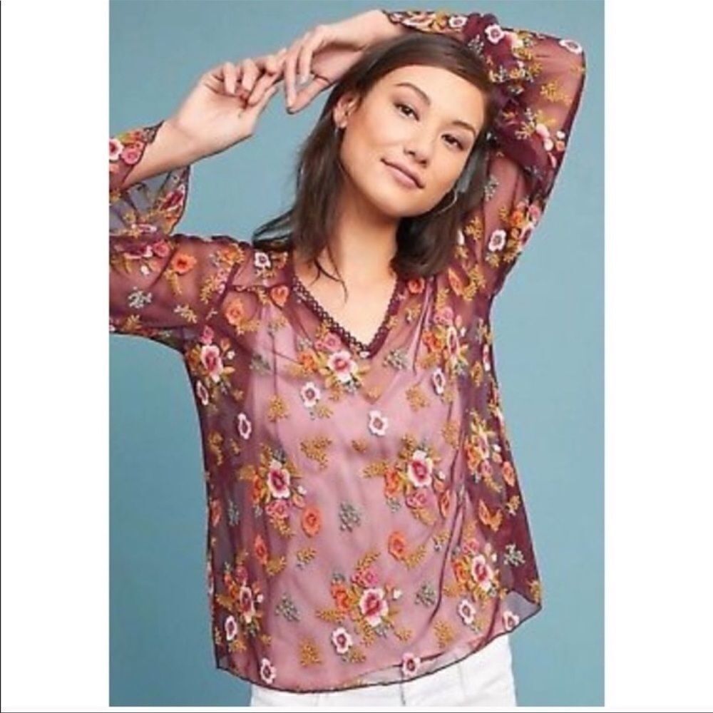 FEATHER bone giralda floral embroidered sheer mesh blouse XS